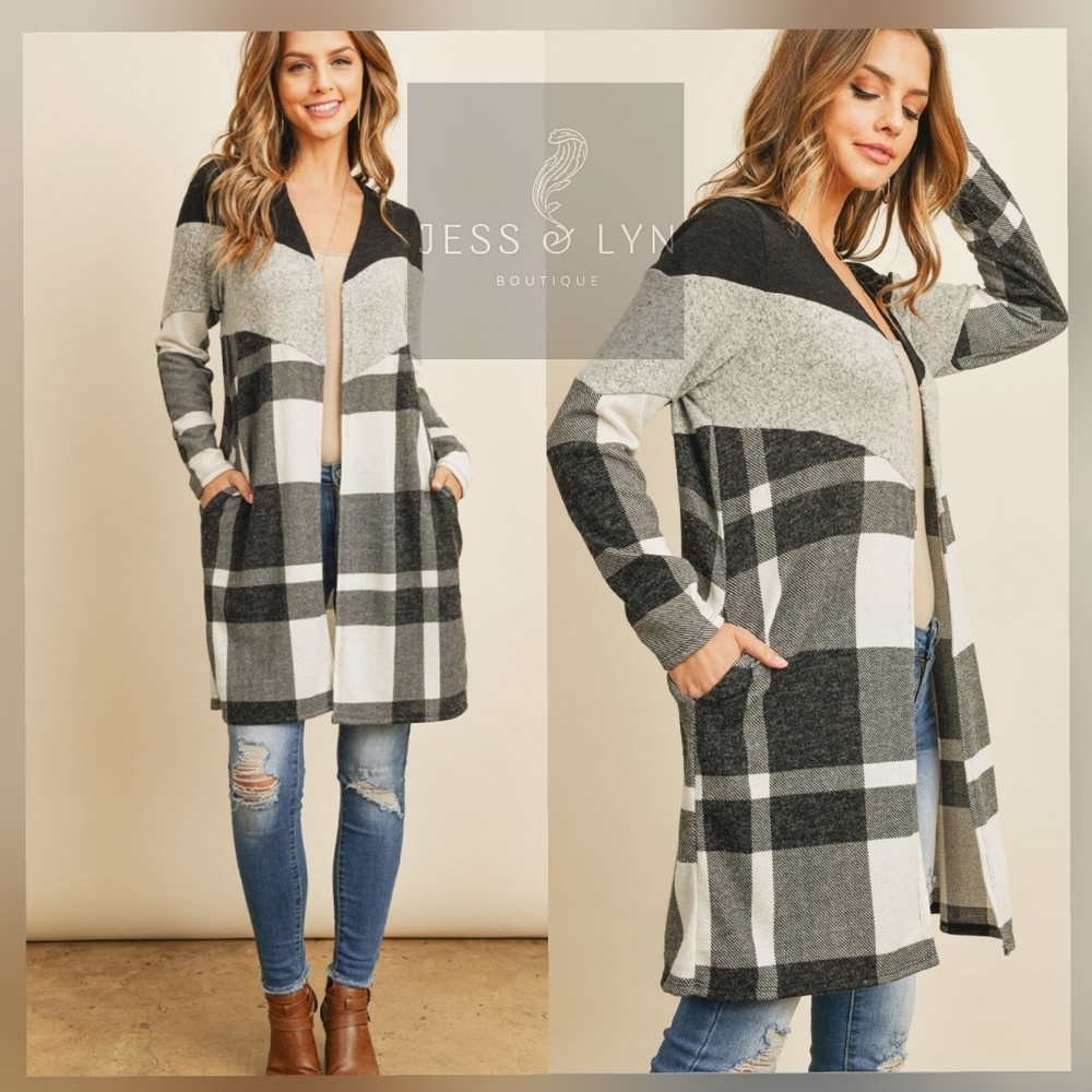 🆕 Two Tone & Plaid Open Cardigan w/Pockets